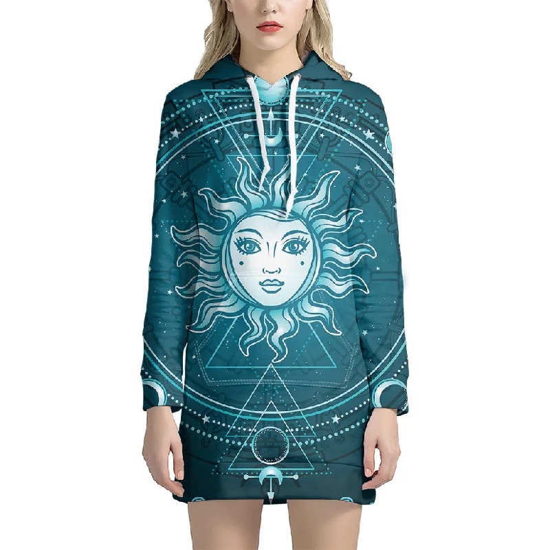 Geometric Celestial Sun And Moon Print Pullover Hoodie Dress