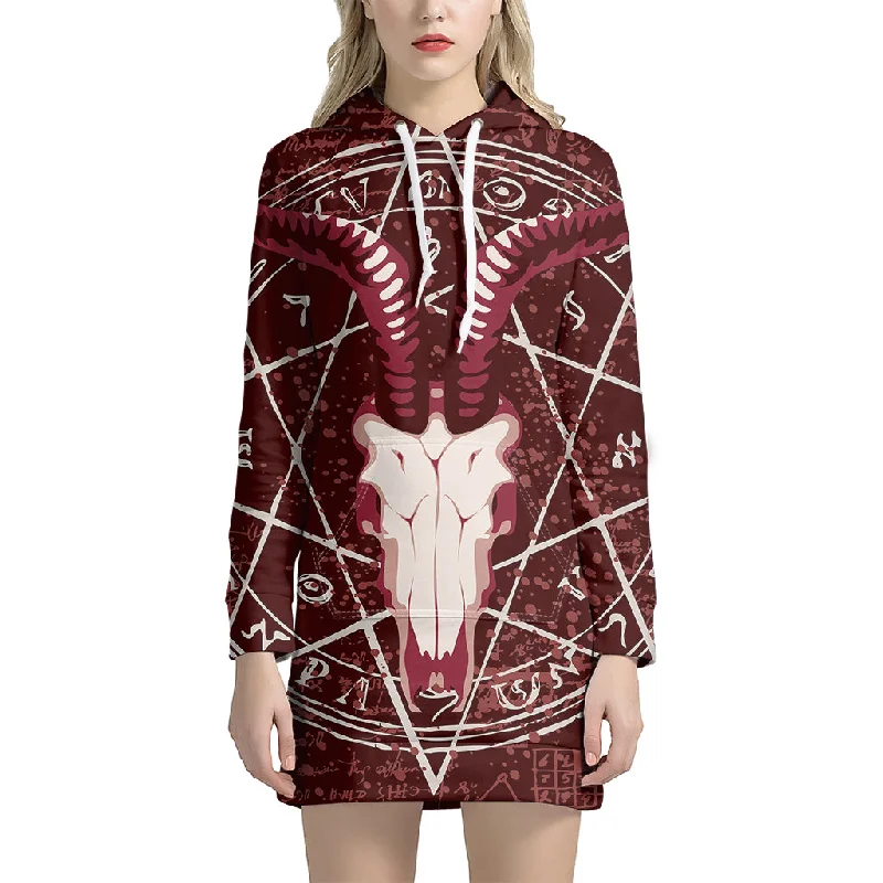 Goat Skull Pentagram Print Pullover Hoodie Dress