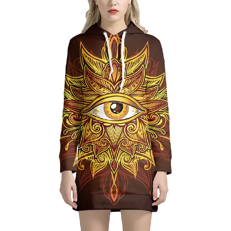 Gold All Seeing Eye Print Pullover Hoodie Dress