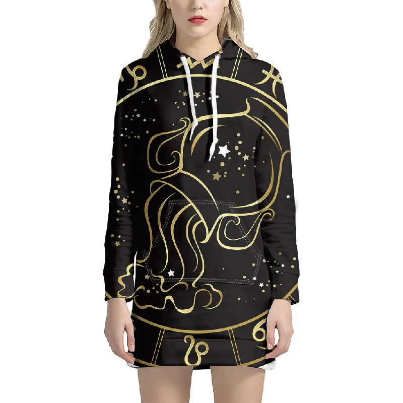 Gold And Black Aquarius Sign Print Pullover Hoodie Dress