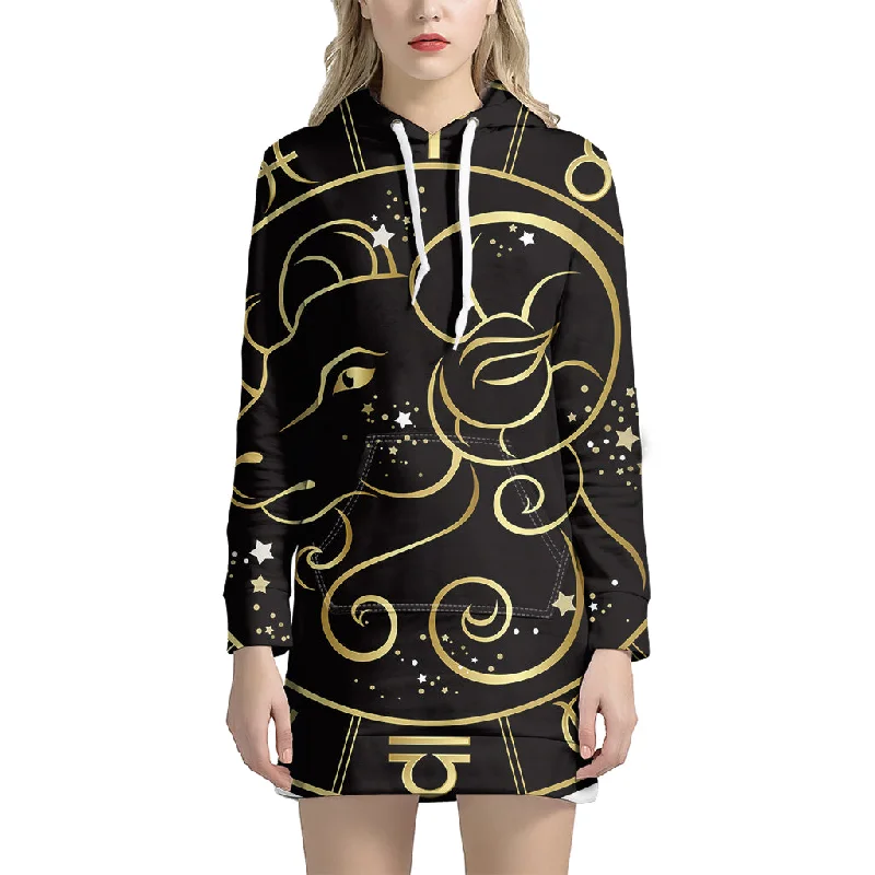 Gold And Black Aries Sign Print Pullover Hoodie Dress