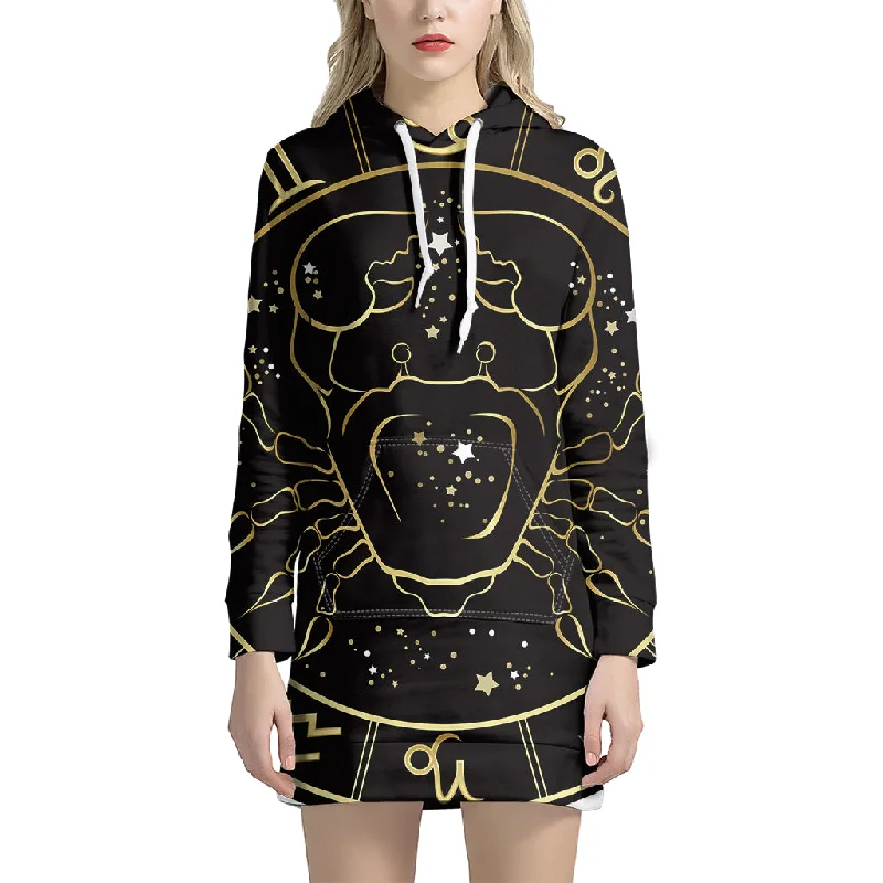 Gold And Black Cancer Sign Print Pullover Hoodie Dress