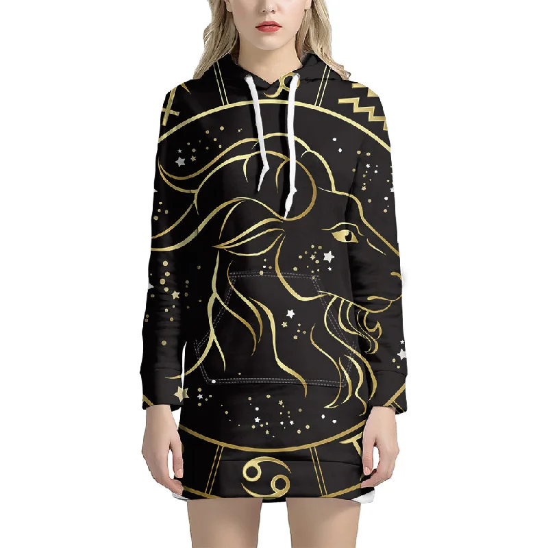 Gold And Black Capricorn Sign Print Pullover Hoodie Dress