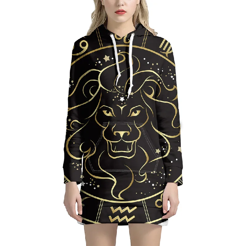 Gold And Black Leo Sign Print Pullover Hoodie Dress