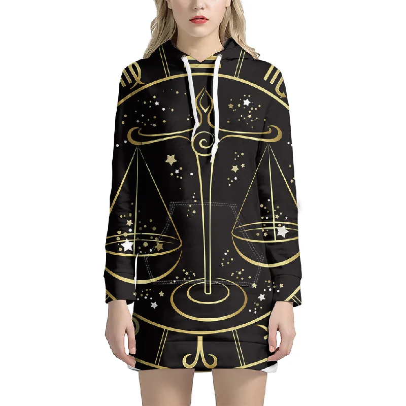 Gold And Black Libra Sign Print Pullover Hoodie Dress