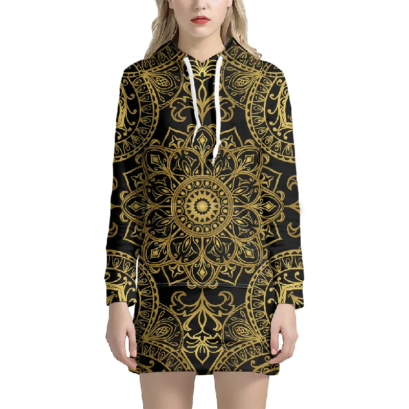 Gold And Black Mandala Print Pullover Hoodie Dress