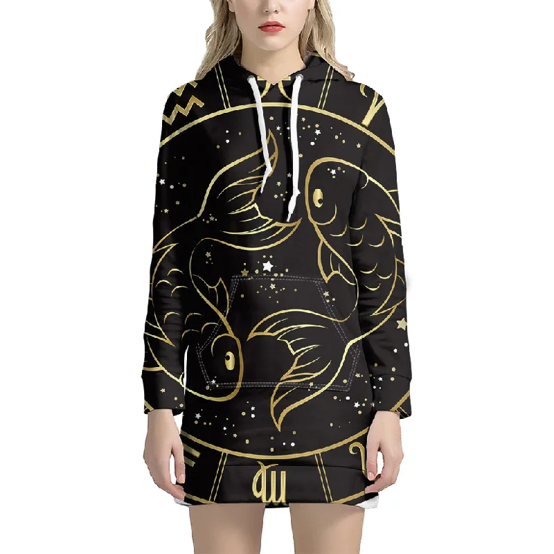 Gold And Black Pisces Sign Print Pullover Hoodie Dress