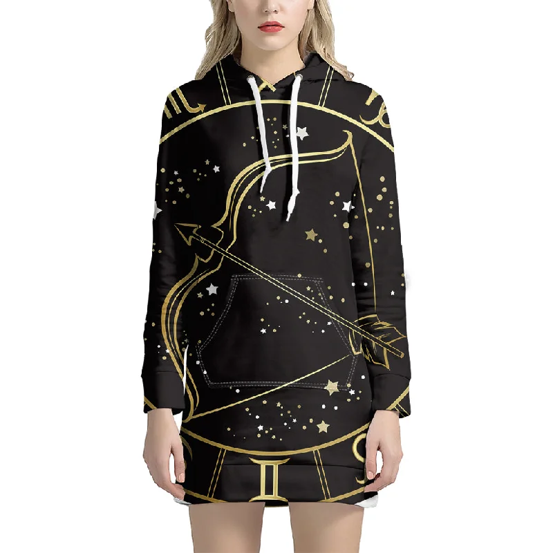 Gold And Black Sagittarius Sign Print Pullover Hoodie Dress