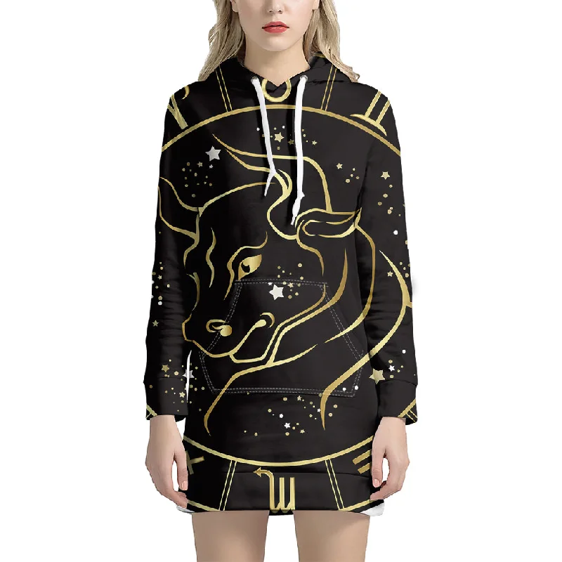 Gold And Black Taurus Sign Print Pullover Hoodie Dress