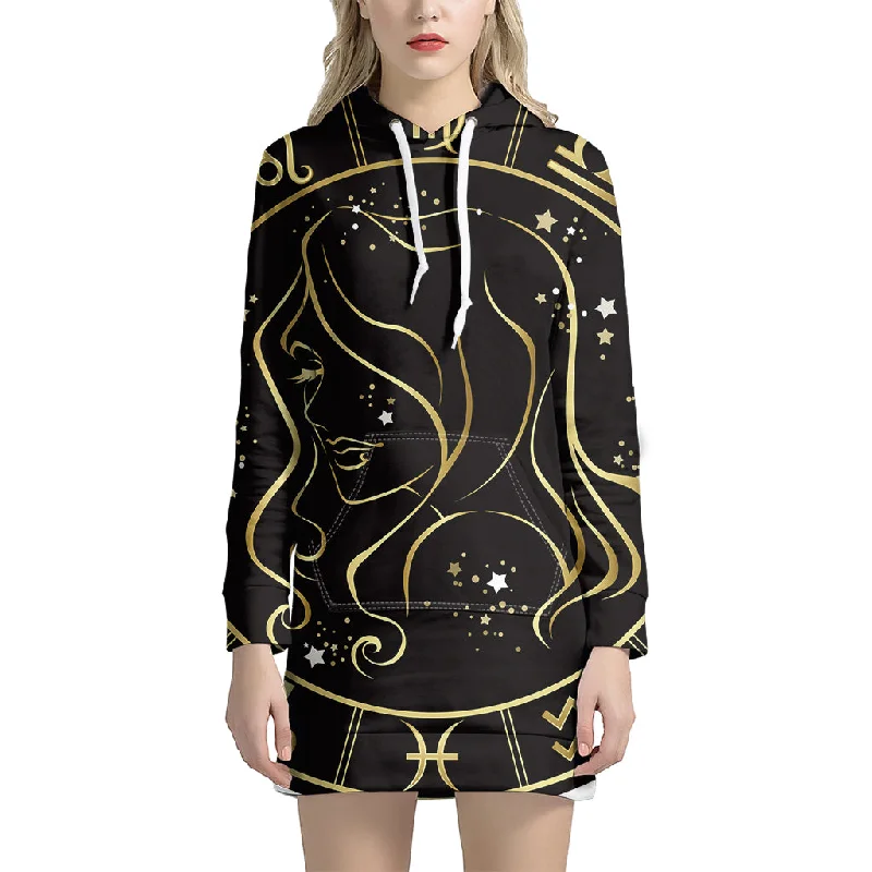 Gold And Black Virgo Sign Print Pullover Hoodie Dress