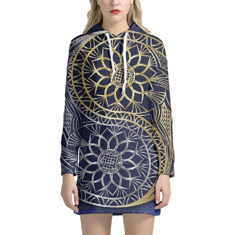 Gold And Grey Yin Yang Flower Print Pullover Hoodie Dress