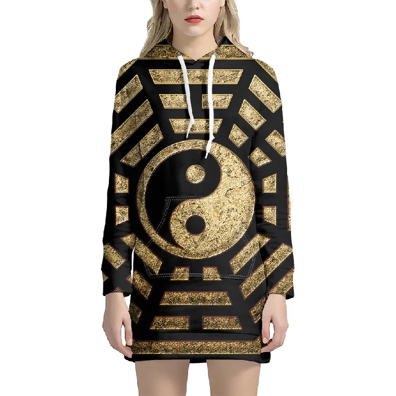 Gold Bagua Yin Yang Print Pullover Hoodie Dress