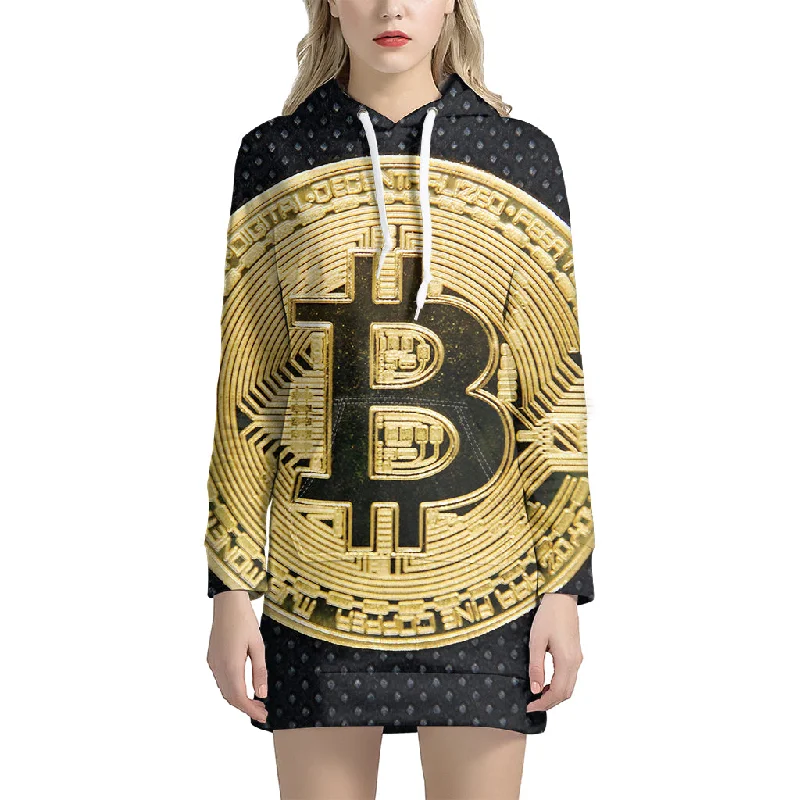 Gold Bitcoin Symbol Print Pullover Hoodie Dress