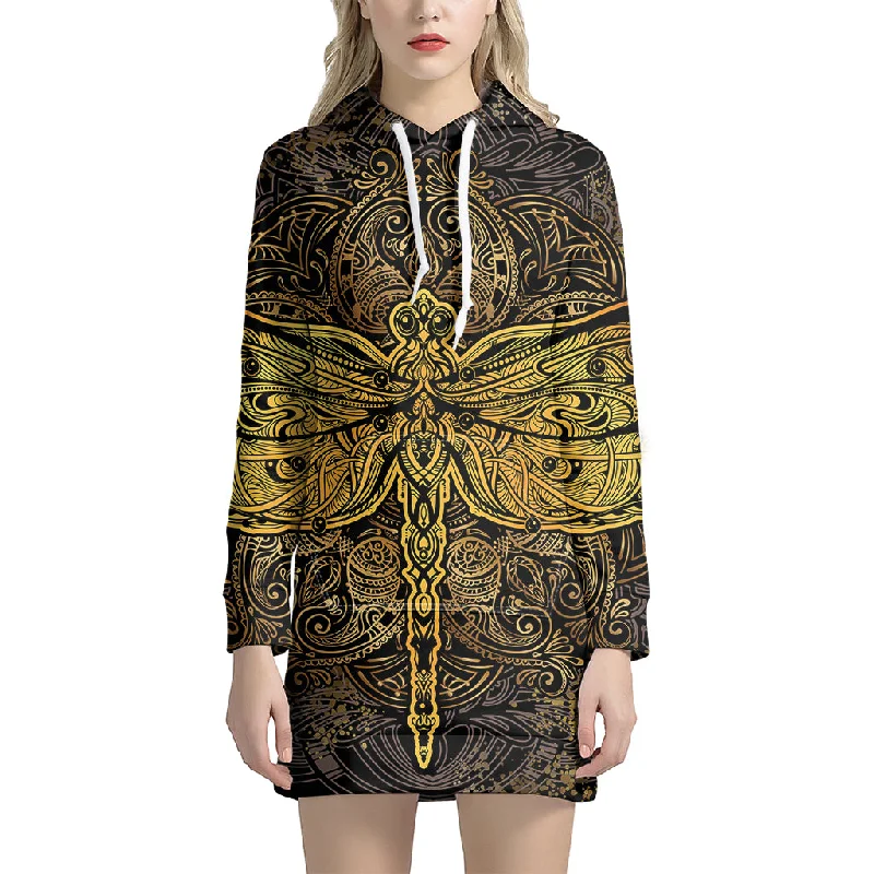 Gold Boho Dragonfly Print Pullover Hoodie Dress