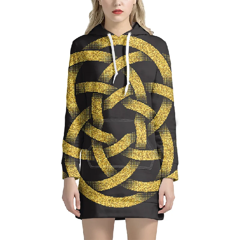 Gold Circle Celtic Knot Symbol Print Pullover Hoodie Dress