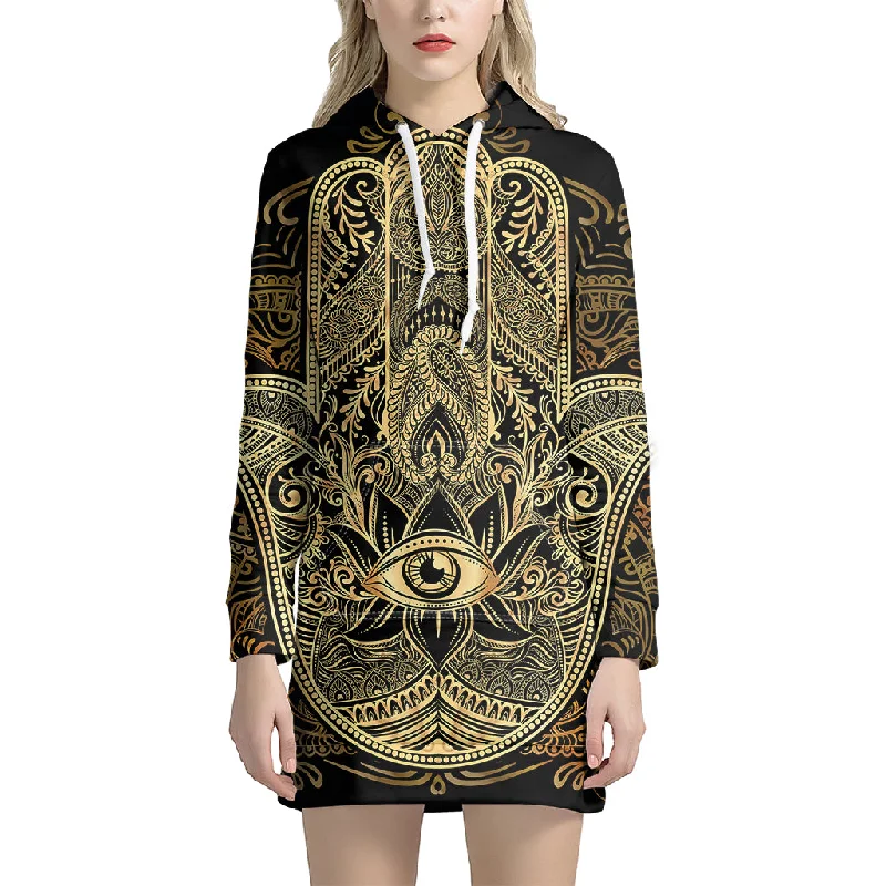 Gold Hamsa Hand Print Pullover Hoodie Dress