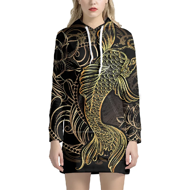 Gold Koi Carp Fish Print Pullover Hoodie Dress