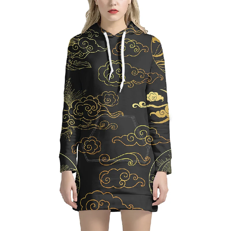 Gold Moon And Sun Print Pullover Hoodie Dress