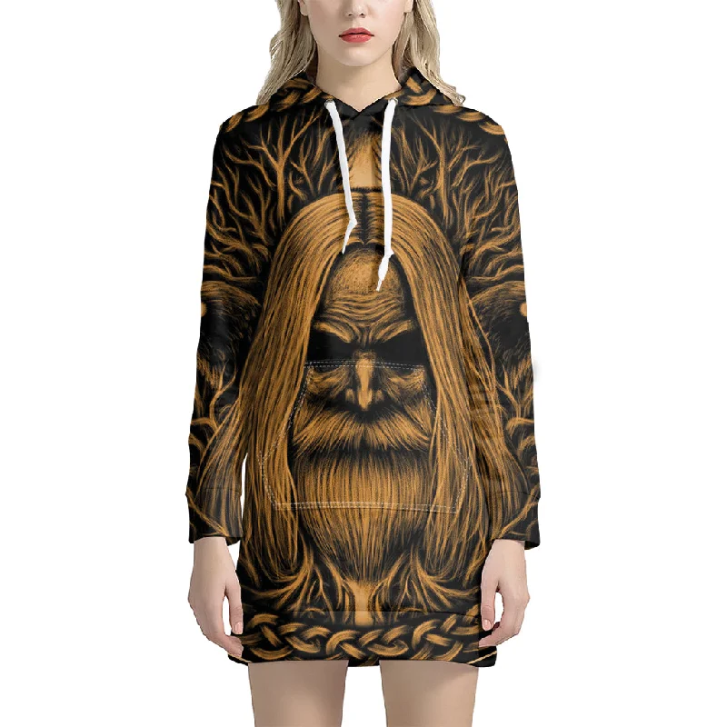 Gold Odin With Huginn And Muninn Print Pullover Hoodie Dress