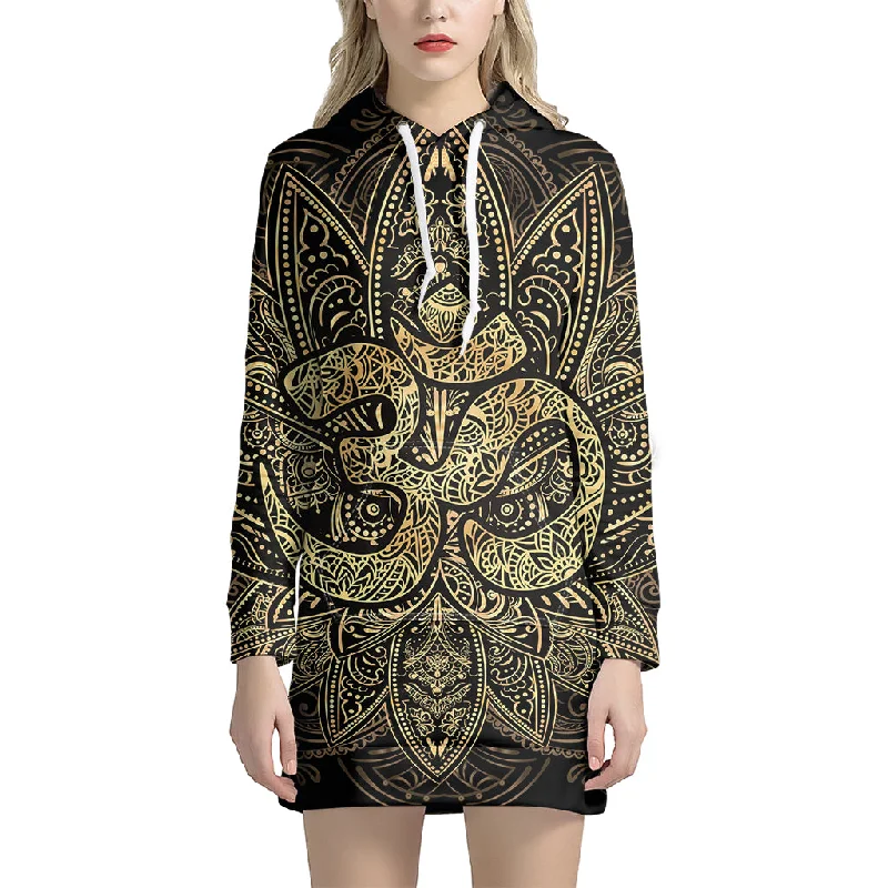 Gold Om Lotus Print Pullover Hoodie Dress