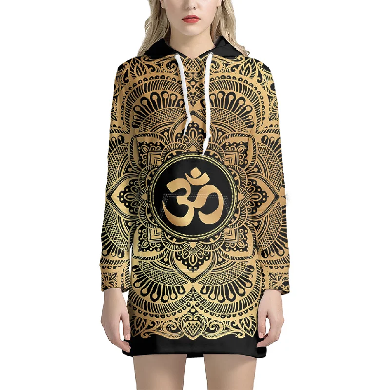 Gold Om Mandala Print Pullover Hoodie Dress