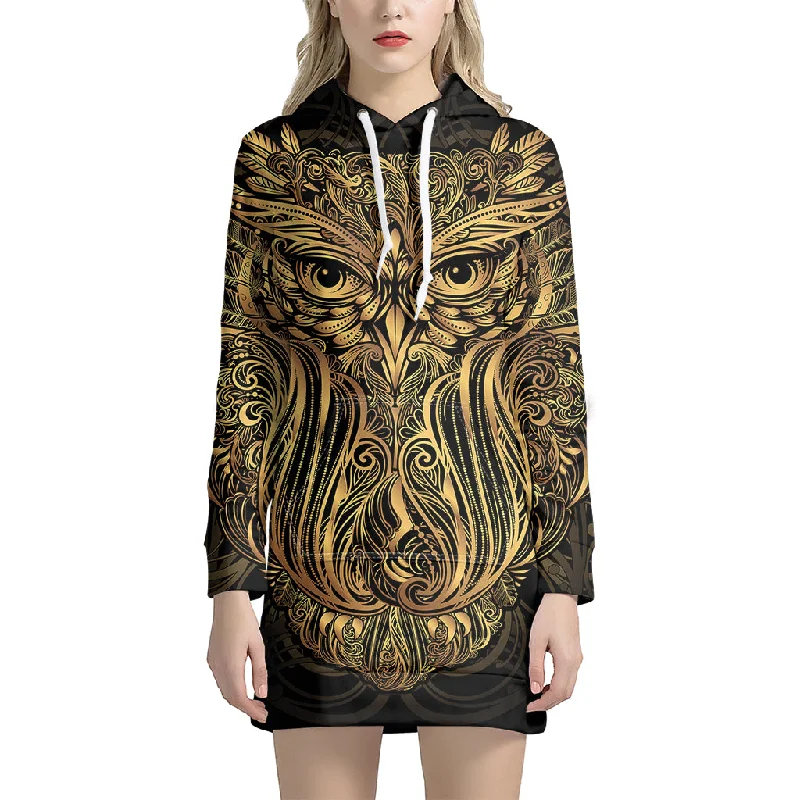 Gold Owl Spirit Print Pullover Hoodie Dress