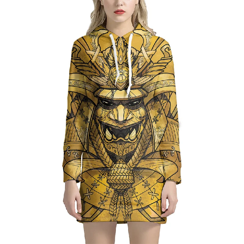 Gold Samurai Mask Print Pullover Hoodie Dress