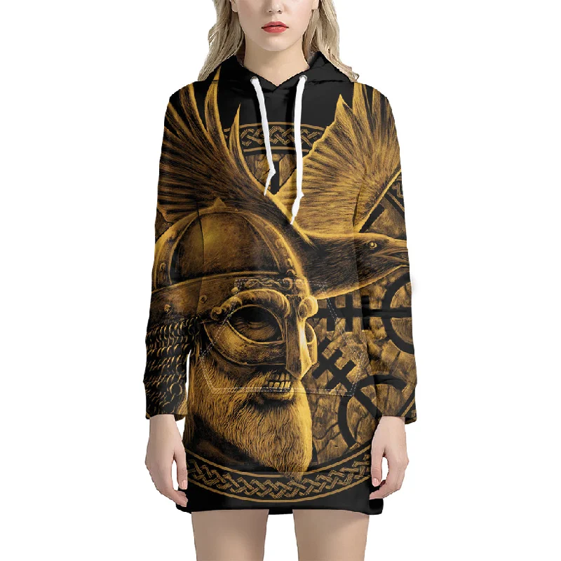 Gold Viking God Odin And Crow Print Pullover Hoodie Dress