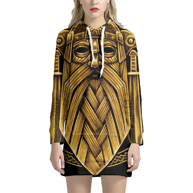 Gold Viking Norse God Odin Print Pullover Hoodie Dress