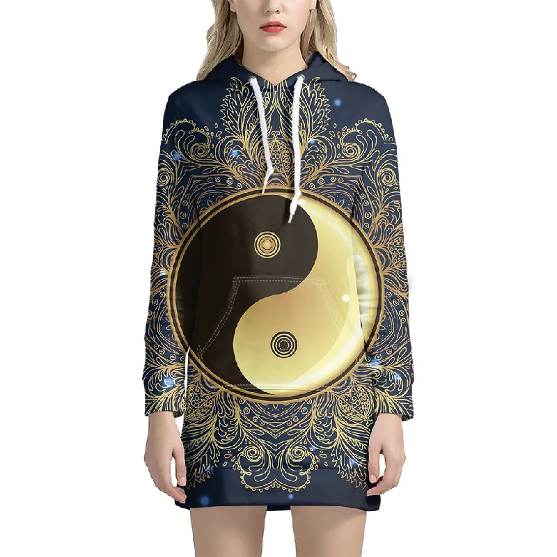 Gold Yin Yang Mandala Print Pullover Hoodie Dress