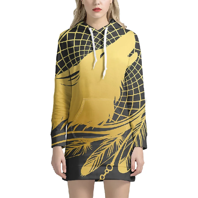 Golden Bohemian Howling Wolf Print Pullover Hoodie Dress