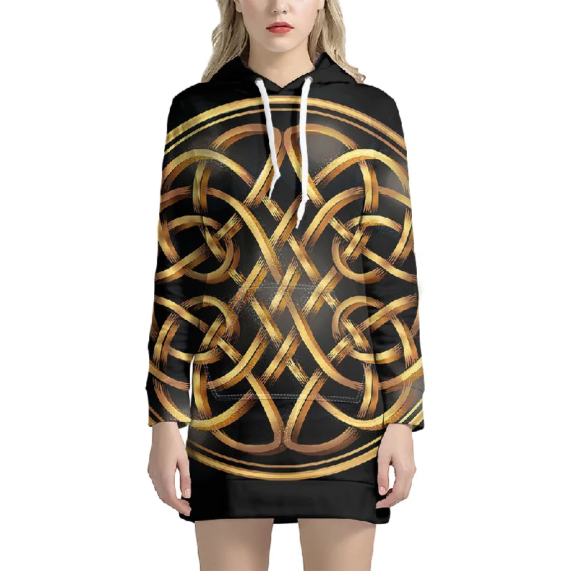 Golden Celtic Knot Print Pullover Hoodie Dress