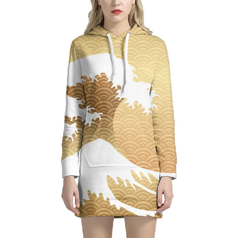 Golden Kanagawa Wave Print Pullover Hoodie Dress