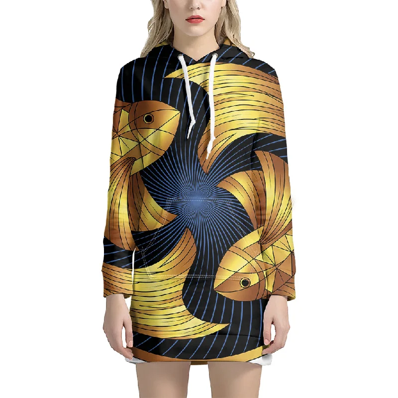 Golden Pisces Zodiac Sign Print Pullover Hoodie Dress