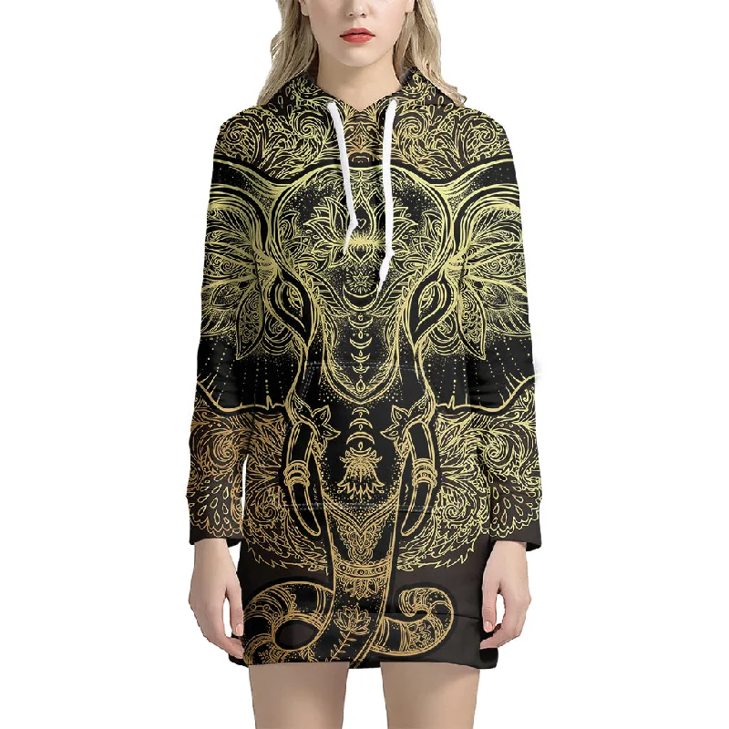 Golden Spiritual Elephant Print Pullover Hoodie Dress