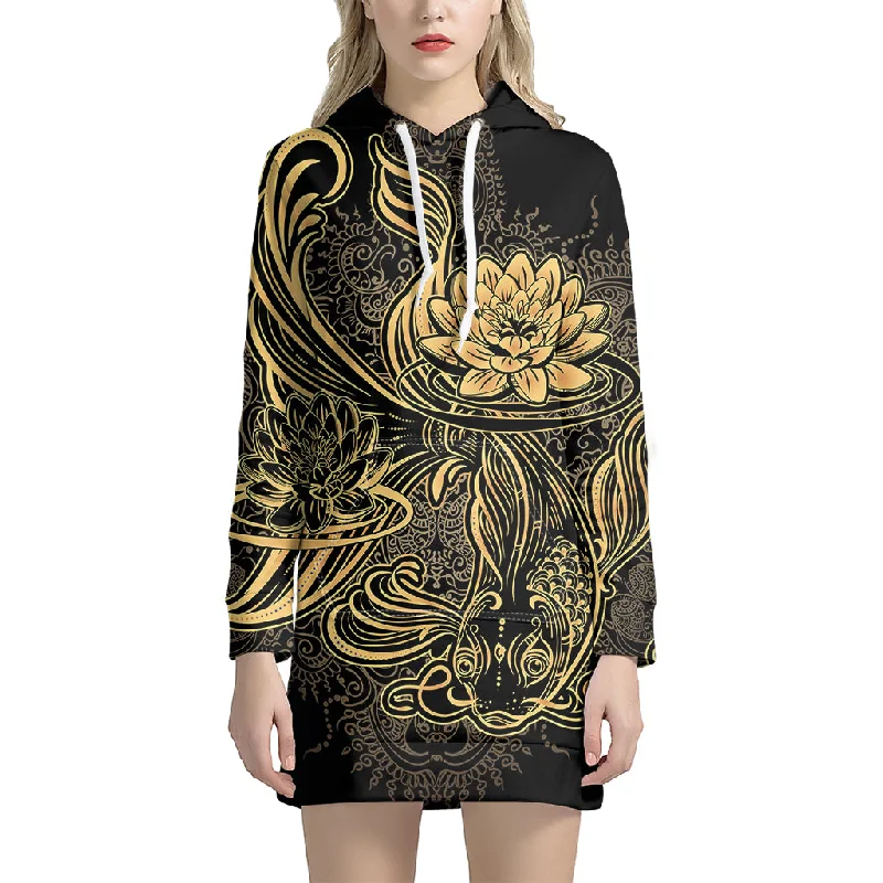 Golden Spiritual Koi Carp Print Pullover Hoodie Dress