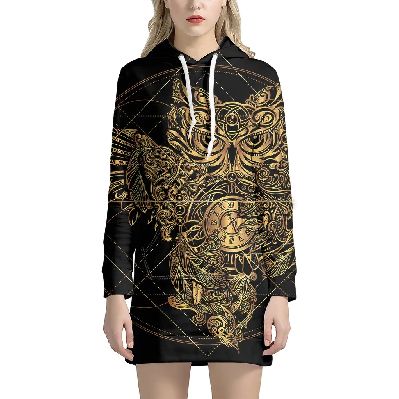 Golden Spiritual Owl Print Pullover Hoodie Dress