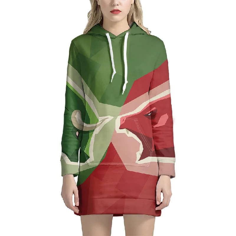 Green Bull And Red Bear Stock Print Pullover Hoodie Dress