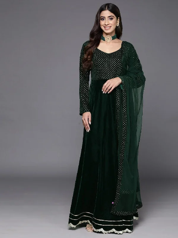 Green Embroidered Velvet Anarkali Suit With Dupatta