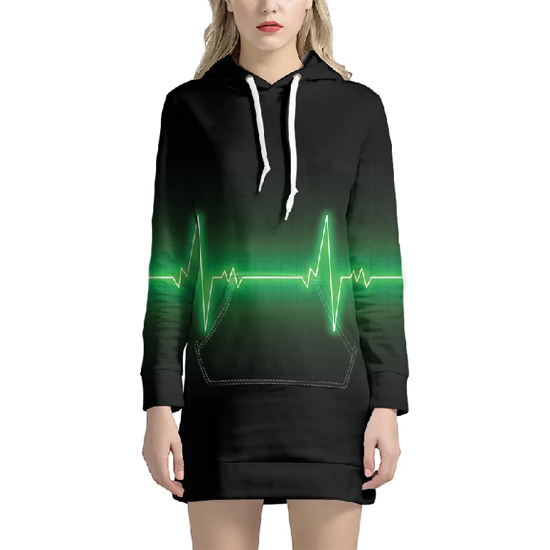 Green Heartbeat Print Pullover Hoodie Dress