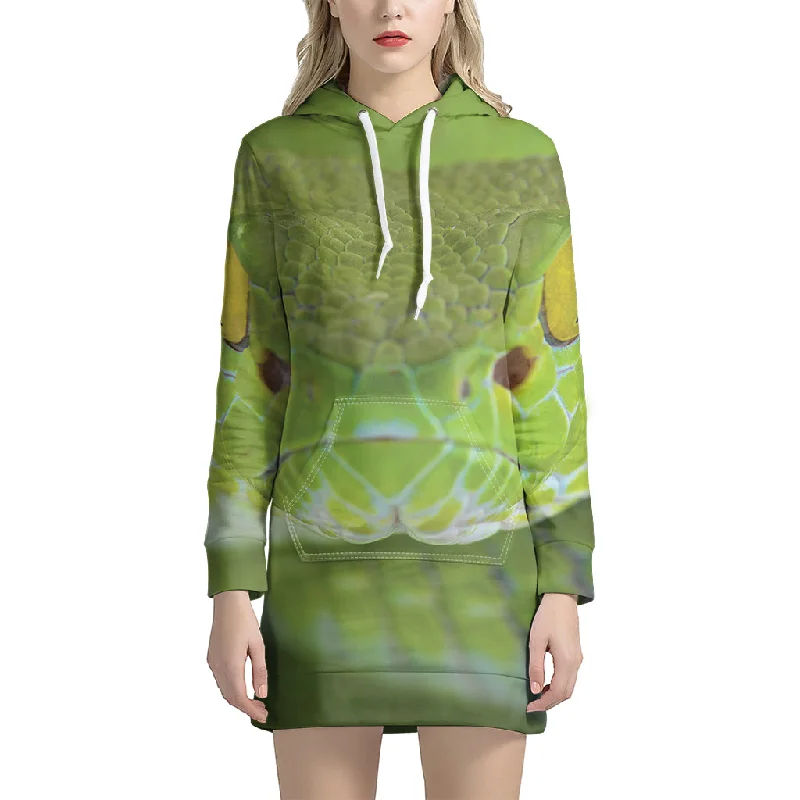 Green Pit Viper Print Pullover Hoodie Dress