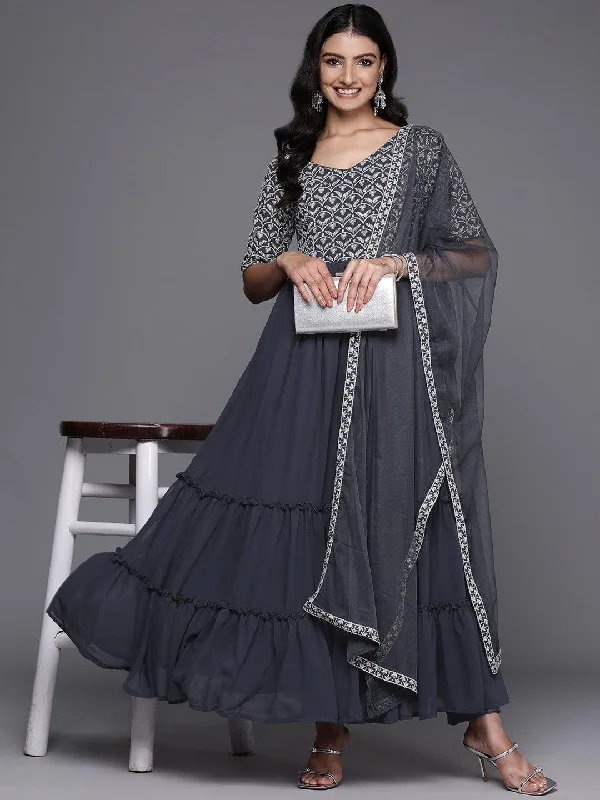 Grey Embroidered Georgette Anarkali Suit With Dupatta