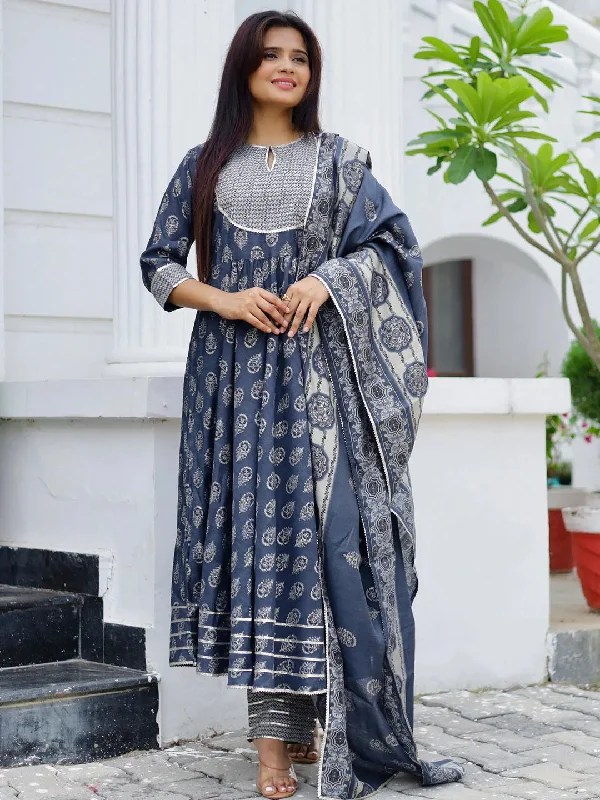 Grey Printed Silk Blend Anarkali Suit With Dupatta