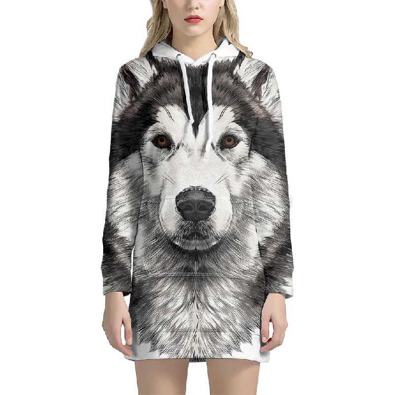 Hand Drawn Alaskan Malamute Print Pullover Hoodie Dress