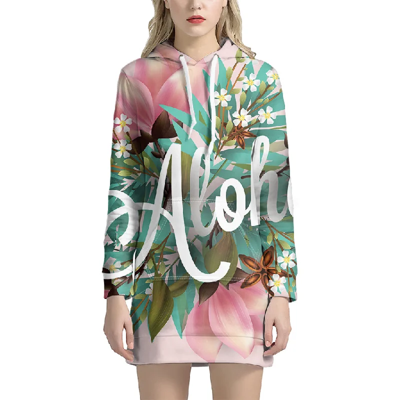 Hawaiian Flower Aloha Print Pullover Hoodie Dress