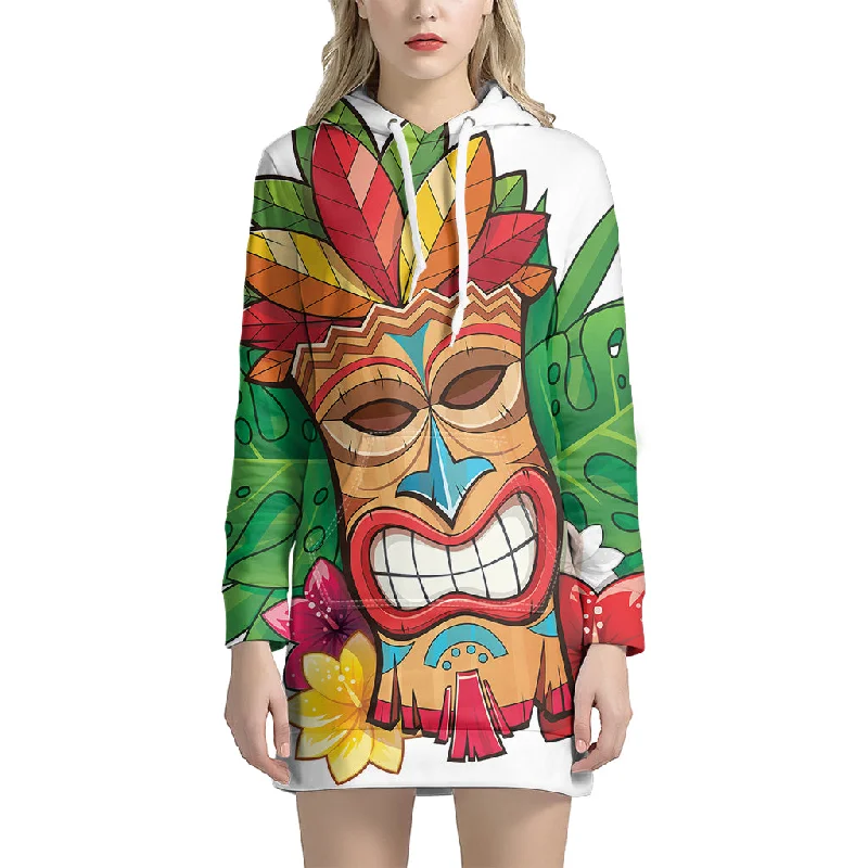 Hawaiian Tiki Print Pullover Hoodie Dress