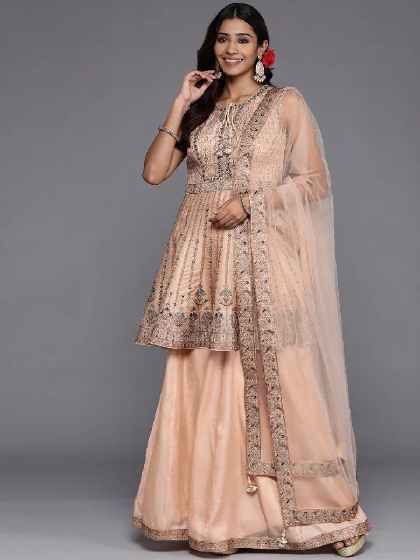 Libas Art Peach Embroidered Silk Anarkali Suit Set