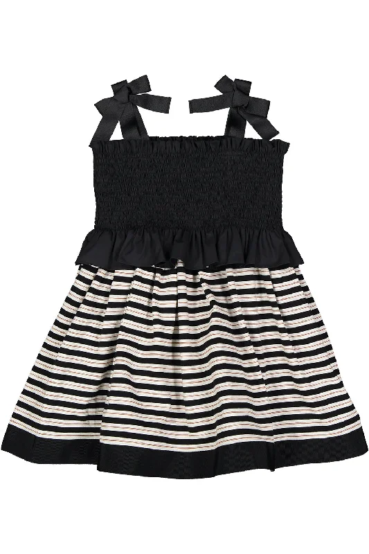 Long Length Black Smocked Bodice Dress with Striped Bottom