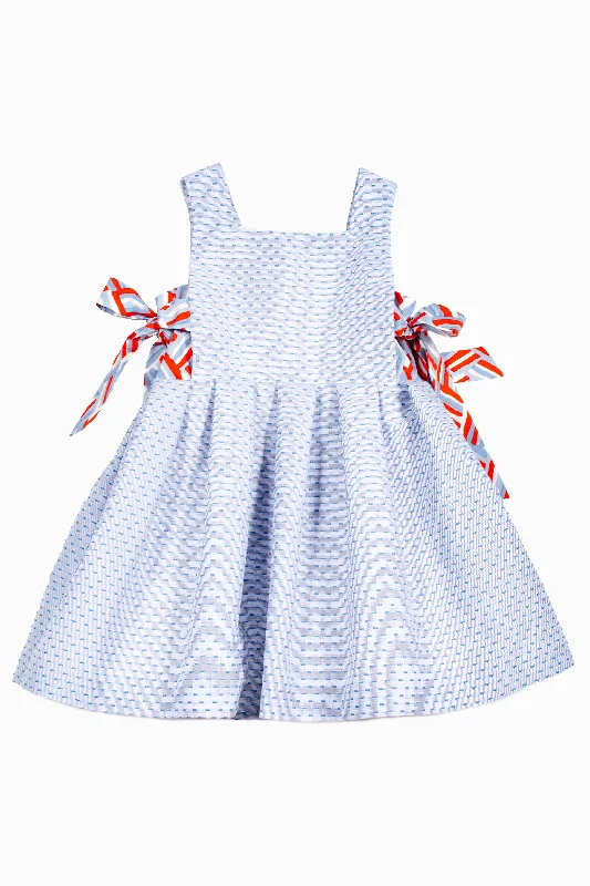 Long Length Light Blue Jacquard Dress with Side Bows