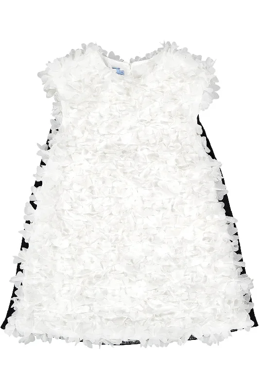 Long Length White Georgette Flower Embellished Dress with Back Pleats